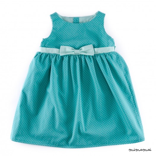 Baby dress in dark jade with polka dots