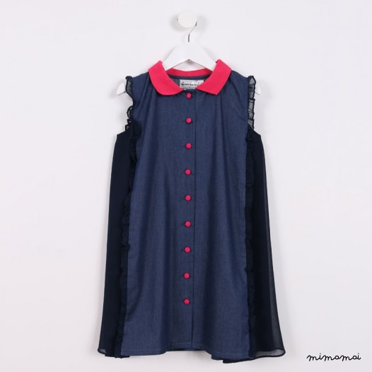 Button-down Dress with Frills blue