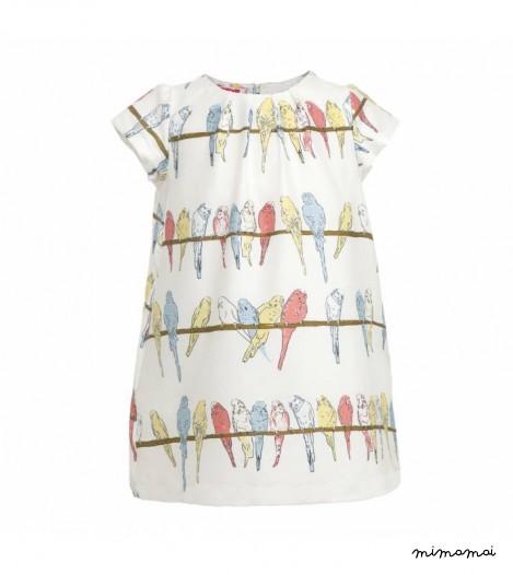 Girls Georgina Dress in White Budgies