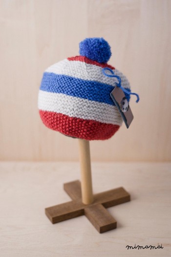 Berretto con Pompon pompon a strisce a maglia in rosso, crema e blu (BH61) 6-12 mesi