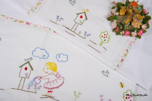 Lenzuola di lino del bambino e federa, culla di ricamo, navicella o passeggino biancheria da letto