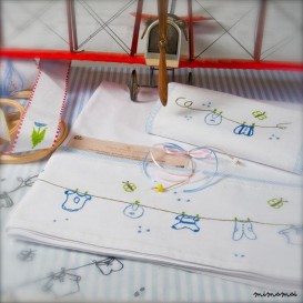 baby linen sheet pillowcase,hand embroidered, cradle stroller nursery, blue color
