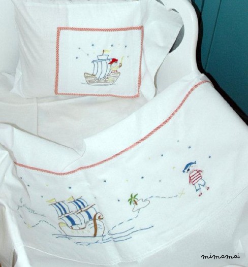 hand emdroidered baby linen sheet pillowcase island pirates