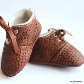12-18 Months Slippers / Baby Shoes Soft Sole Lamb Leather Brown Marron