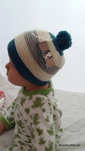 6-12 month baby knitted striped Bobble pompom hat in Peacock Green
