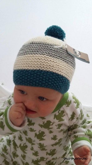 6-12 month baby knitted striped Bobble pompom hat in Peacock Green