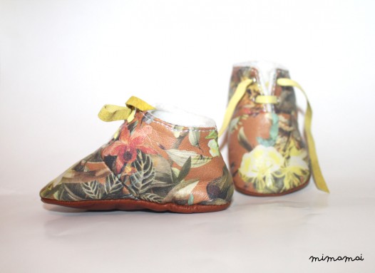 SALE 3 - 6 Months Slippers / Baby Shoes Lamb Leather Flowery Yellow