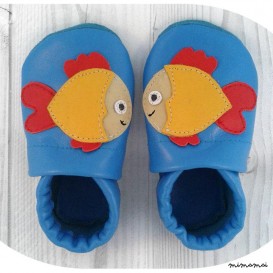 Pantofole, scarpe in pelle suola morbida a mano - pesce blu-rosso-
