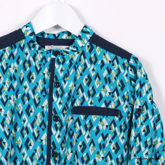 Long-sleeved Mandarin Shirt green graphic print