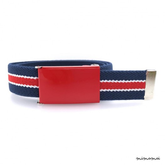 Navy-blue belt, red buckle with white and red stripes
