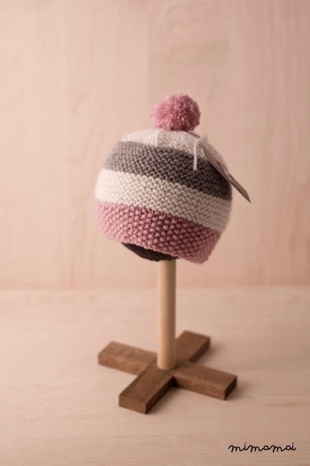 baby striped bobble pompom knitted hat in Dusky Pink, cream and Grey (BH82) 3-6 months
