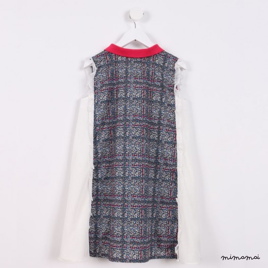 Button-down Dress with Frills blue and pink