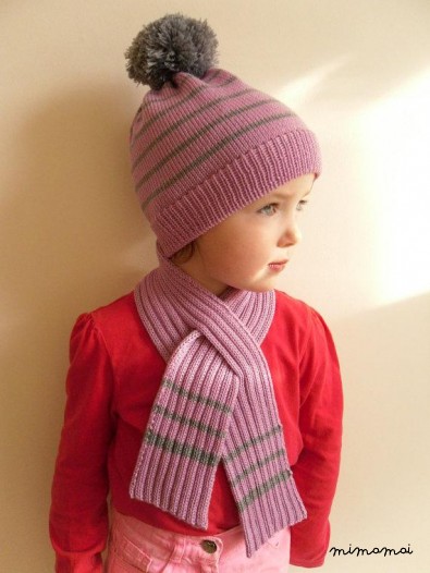 Bobble Hat scarf set, Merino wool, Ruby Red & Lilac