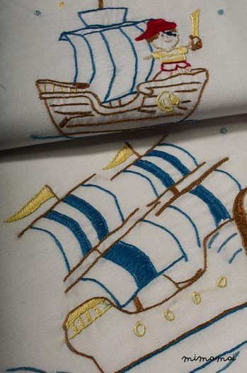 hand emdroidered baby linen sheet pillowcase island pirates
