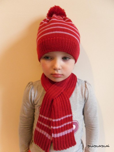 Bobble Hat scarf set, Merino wool, Ruby Red & Lilac