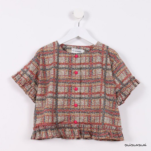 Frilly Button-down Top orange and green