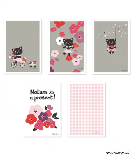 Cartes d&eacute;coratives chat et fleurs