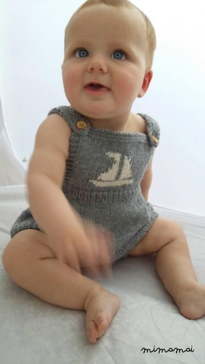 Baby clothing, romper suit, knitted onesie, knitted in Grey with cream sailboat motif