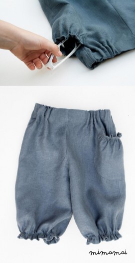 Linen grey ruffled capri pants with puffed pocket