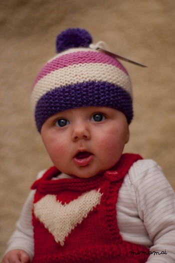 Newborn hat, baby knitted hat, striped Bobble pompom hat in indigo