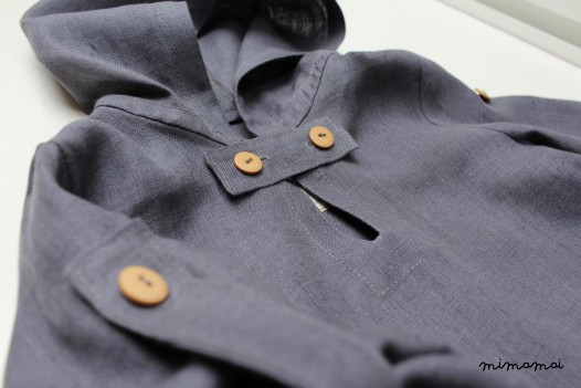 Natural linen hoodie with buttons, tuck up sleeves