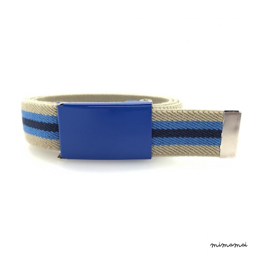 Beige/Grey belt, blue buckle with navy-blue and blue stripes