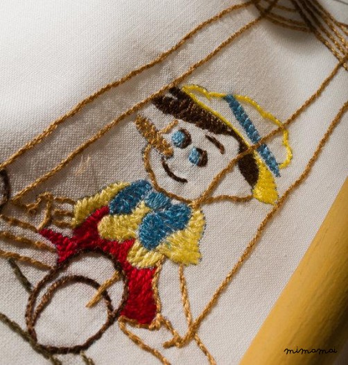 Pinocchio baby linen sheet pillowcase,hand embroidered, cradle, christening gift
