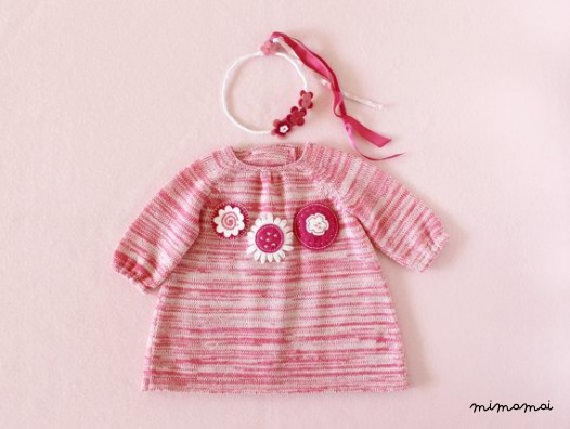 Maglia bambino vestito, fiori, rosa misto del feltro. 100% lana merino.