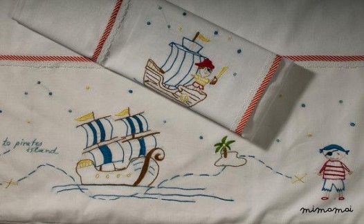 hand emdroidered baby linen sheet pillowcase island pirates