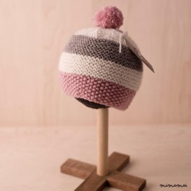 baby striped bobble pompom knitted hat in Dusky Pink, cream and Grey (BH82) 3-6 months
