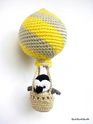 Hot air balloon decoration, crochet penguin in a balloon