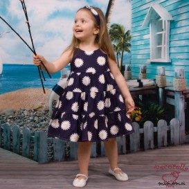 Flounced summer dress in navy with "marguerite" print