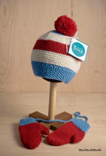 3-6 months baby Gift set of knitted striped Bobble pompom hat in blue