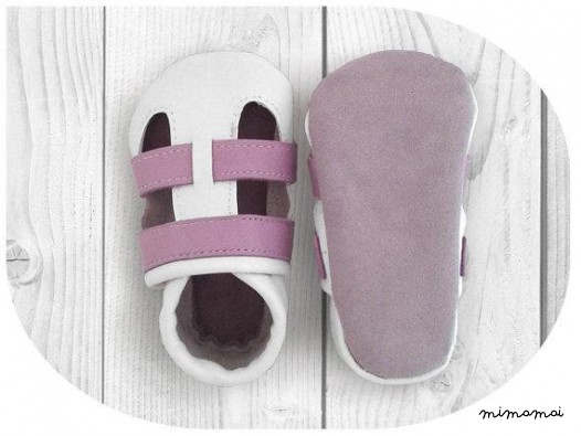 A mano morbida pelle suola scarpa - sandalo, bianco-viola per bambino, bambino, bambini, estate