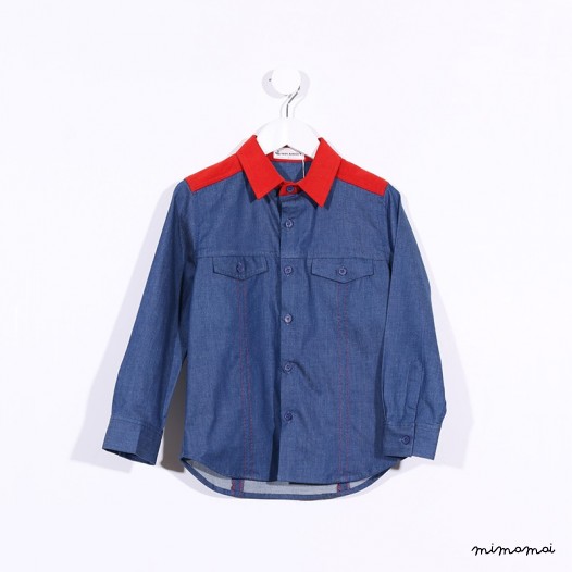 Long-sleeved Shirt with Yoke Detail denim and dark orange