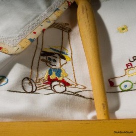 Pinocchio baby linen sheet pillowcase,hand embroidered, cradle, christening gift