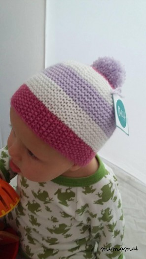 bambino in maglia a strisce berretto con Pompon pompon in Dusky rosa, bianco e Lilla (BH48) 3-6 mesi