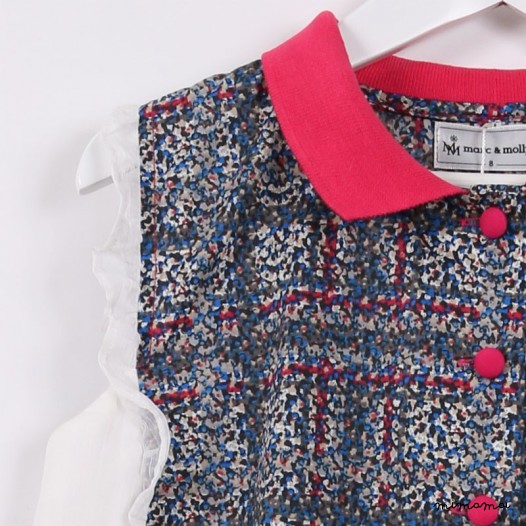 Button-down Dress with Frills blue and pink