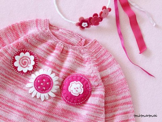 Maglia bambino vestito, fiori, rosa misto del feltro. 100% lana merino.