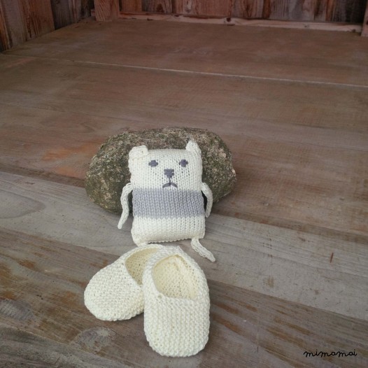 Baby shoes and knitted bear, handmade knitwear of organic cotton, off white and grey