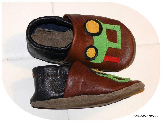 A mano in pelle morbida suole - trattore, traccia, verde-blu-marrone per bambino