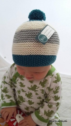 6-12 month baby knitted striped Bobble pompom hat in Peacock Green