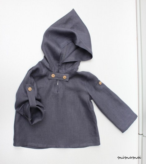 Natural linen hoodie with buttons, tuck up sleeves