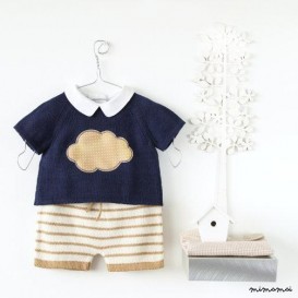 Maglia bambino insieme. Maglia e pantaloncini a righe. Cammello, blu navy e perla.